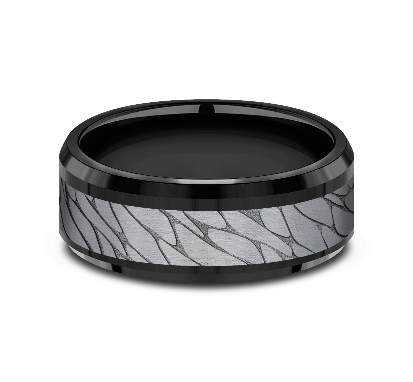 THE DINO 8mm, Comfort fit, Black Titanium and Grey Tantalum, Pebble patterned center, bevel edges