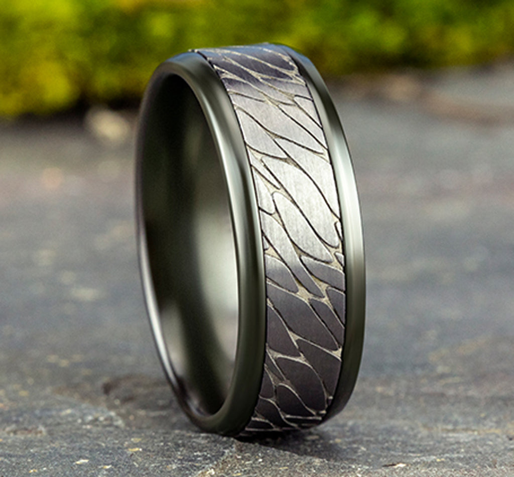 THE DINO 8mm, Comfort fit, Black Titanium and Grey Tantalum, Pebble patterned center, bevel edges