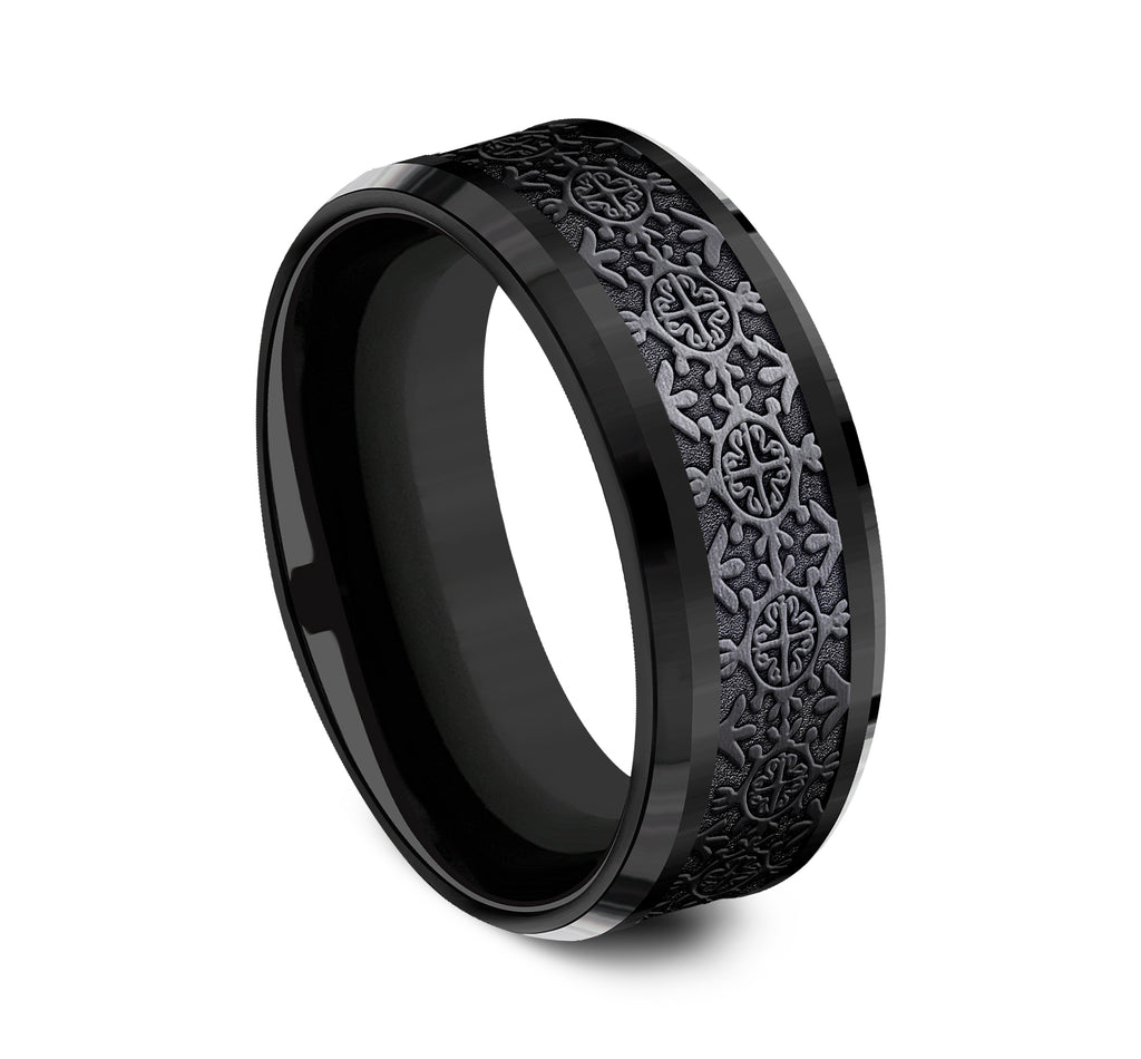 THE SAINT 8mm, Comfort fit, Black Titanium, Intricate patterned center, polished bevel edges