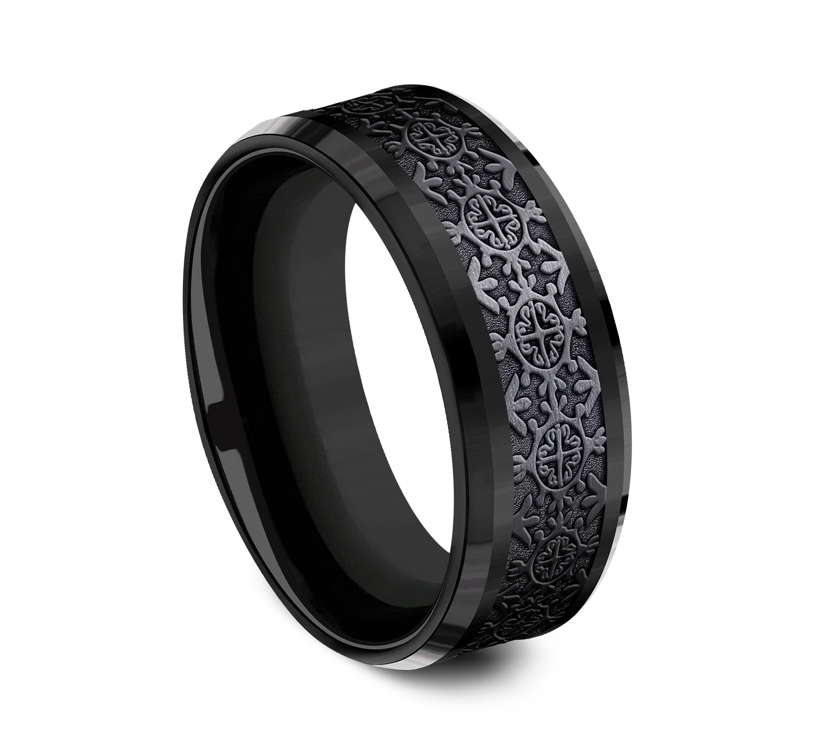 THE SAINT 8mm, Comfort fit, Black Titanium, Intricate patterned center, polished bevel edges