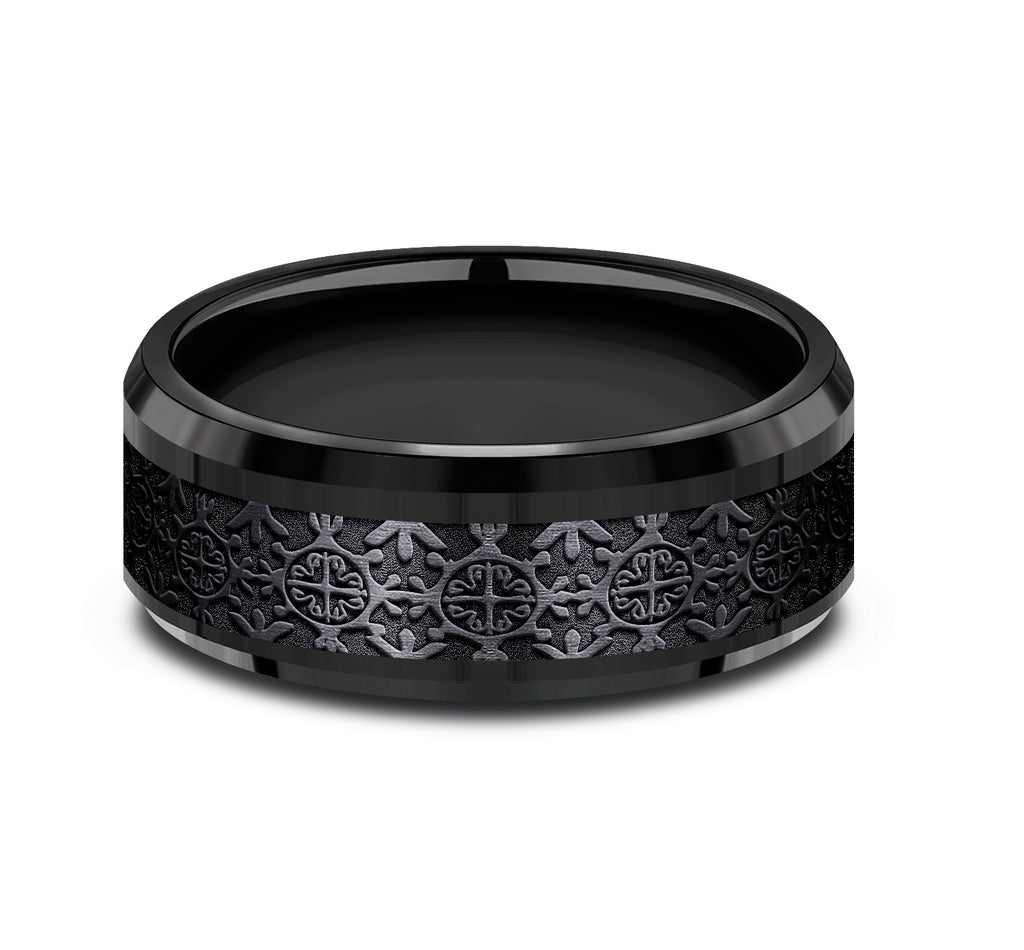 THE SAINT 8mm, Comfort fit, Black Titanium, Intricate patterned center, polished bevel edges