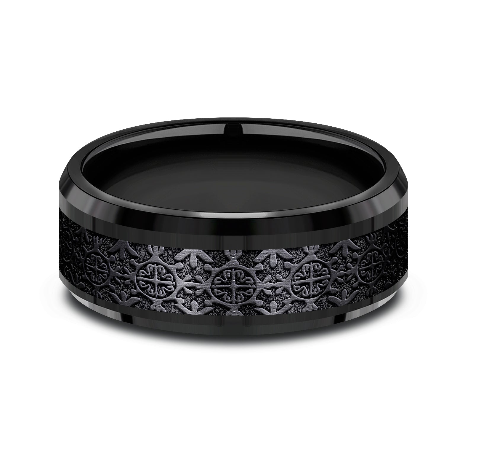 THE SAINT 8mm, Comfort fit, Black Titanium, Intricate patterned center, polished bevel edges