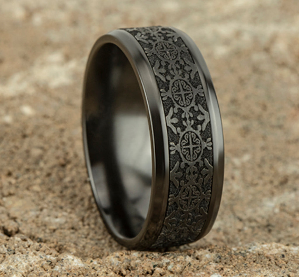 THE SAINT 8mm, Comfort fit, Black Titanium, Intricate patterned center, polished bevel edges