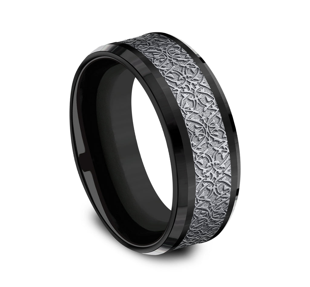 THE CONQUERER 8mm, Comfort fit, Black Titanium and Grey Tantalum, Ottoman pattern, polished drop bevel edges