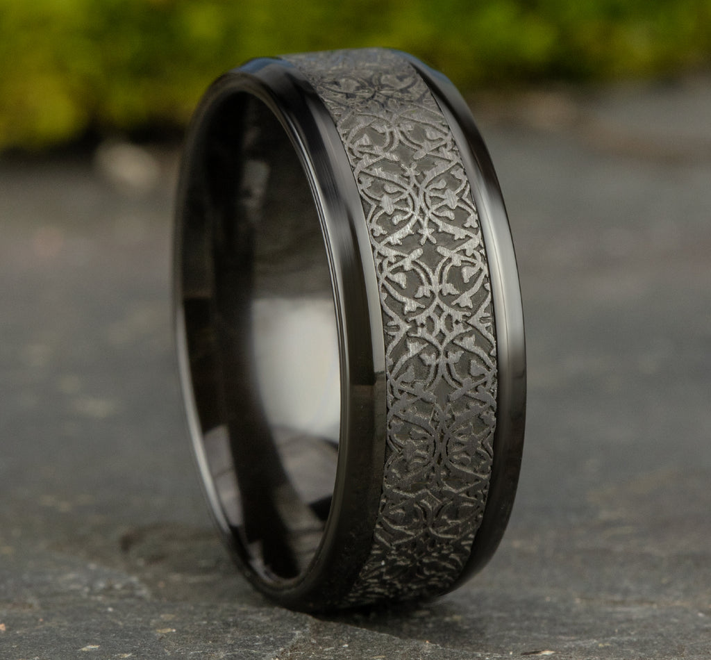 THE CONQUERER 8mm, Comfort fit, Black Titanium and Grey Tantalum, Ottoman pattern, polished drop bevel edges