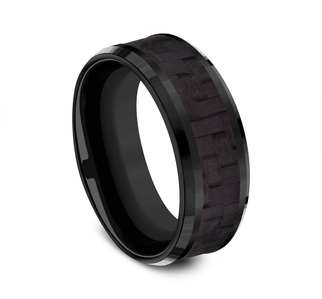 THE SENNA 8mm, Comfort fit, Black Titanium and Black Carbon Fiber, Twilled Carbon Fiber pattern, polished bevel edges