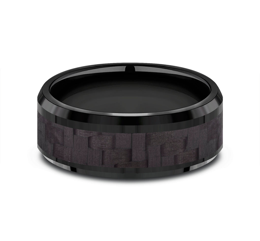 THE SENNA 8mm, Comfort fit, Black Titanium and Black Carbon Fiber, Twilled Carbon Fiber pattern, polished bevel edges