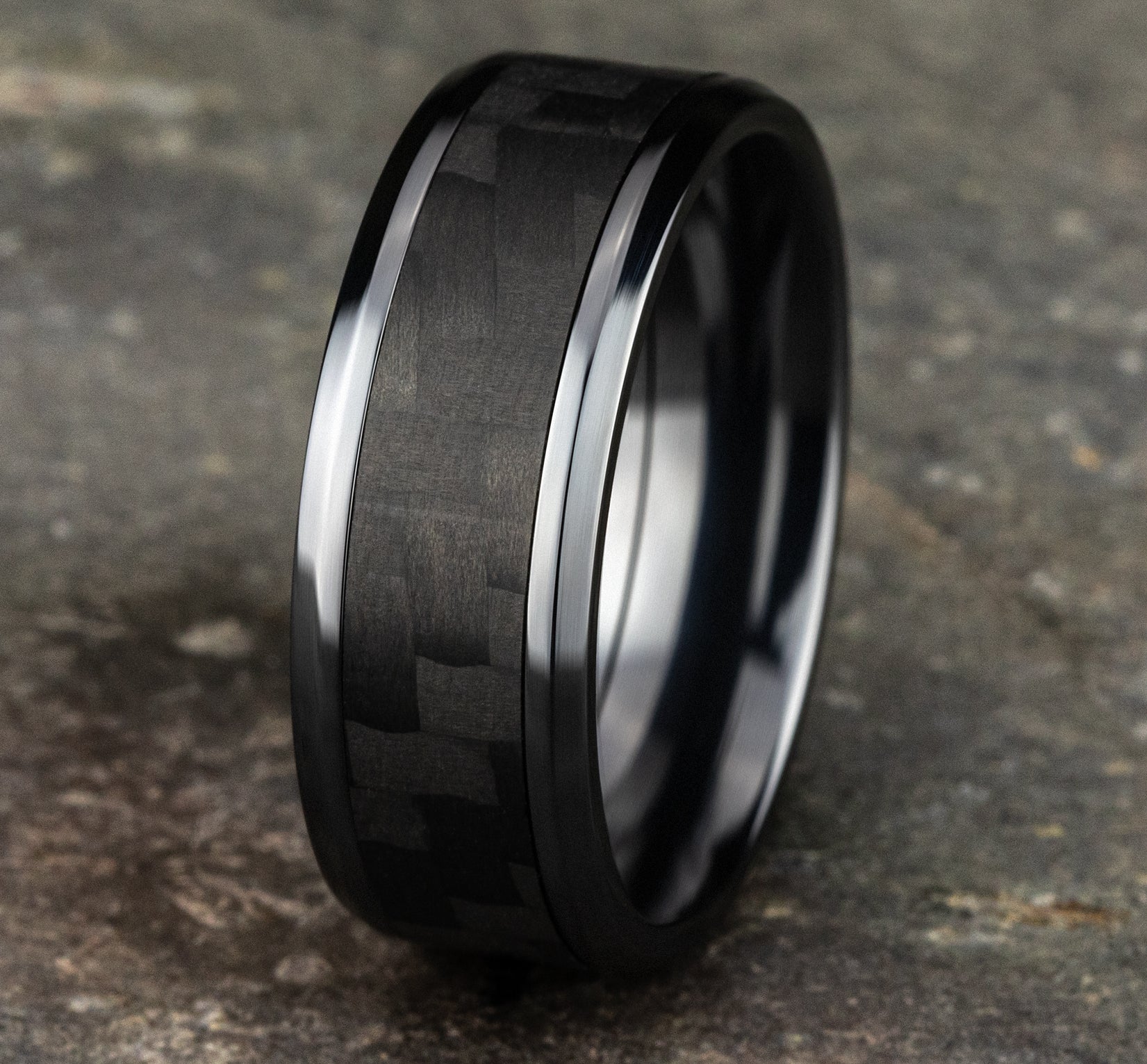 THE SENNA 8mm, Comfort fit, Black Titanium and Black Carbon Fiber, Twilled Carbon Fiber pattern, polished bevel edges