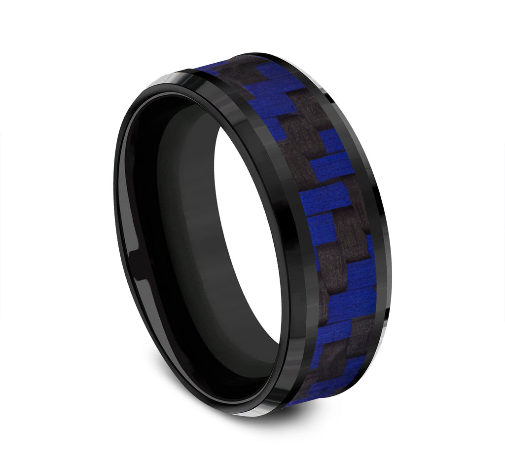 THE SENNA 8mm, Comfort fit, Black Titanium and Blue Carbon Fiber, Twilled Carbon Fiber pattern, polished bevel edges