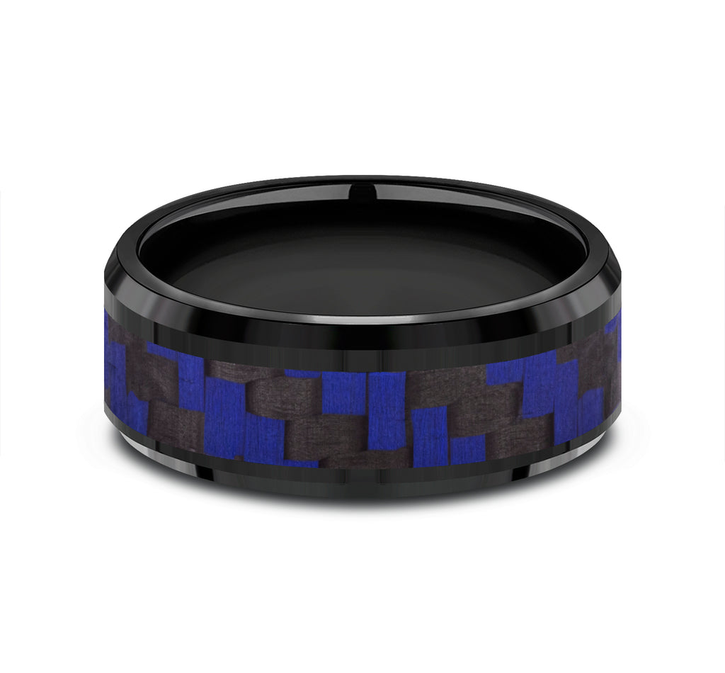 THE SENNA 8mm, Comfort fit, Black Titanium and Blue Carbon Fiber, Twilled Carbon Fiber pattern, polished bevel edges