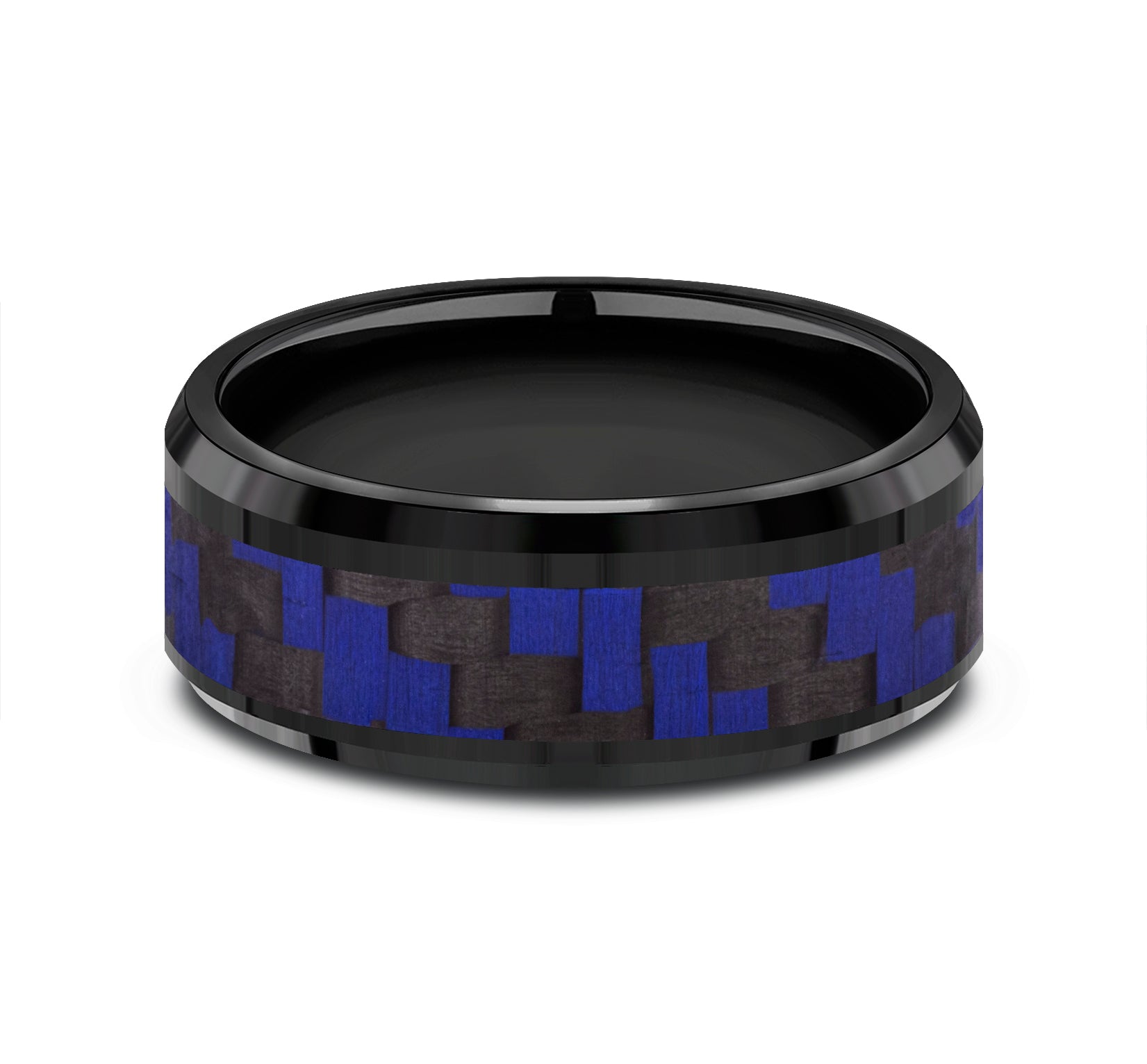 THE SENNA 8mm, Comfort fit, Black Titanium and Blue Carbon Fiber, Twilled Carbon Fiber pattern, polished bevel edges