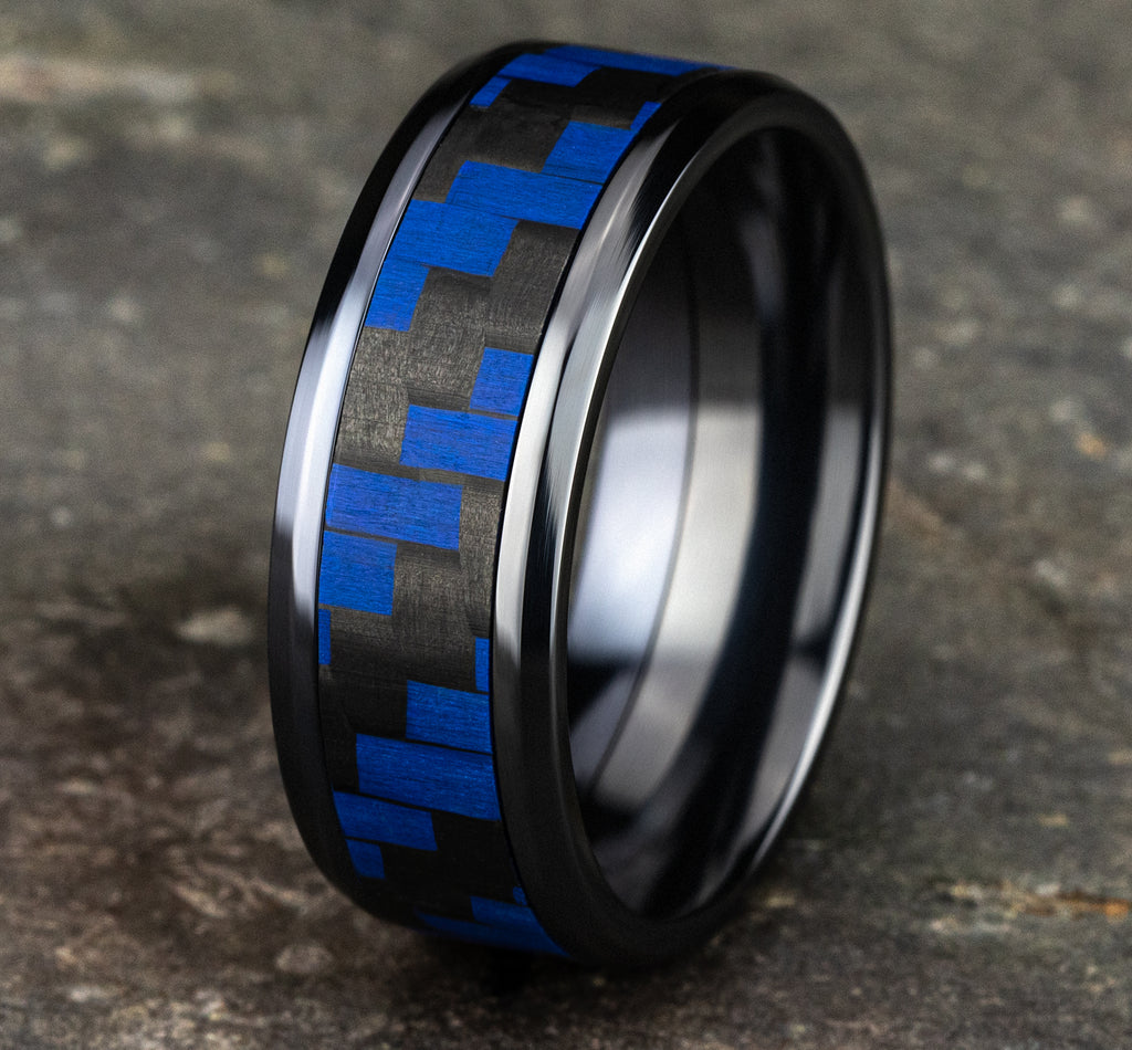 THE SENNA 8mm, Comfort fit, Black Titanium and Blue Carbon Fiber, Twilled Carbon Fiber pattern, polished bevel edges
