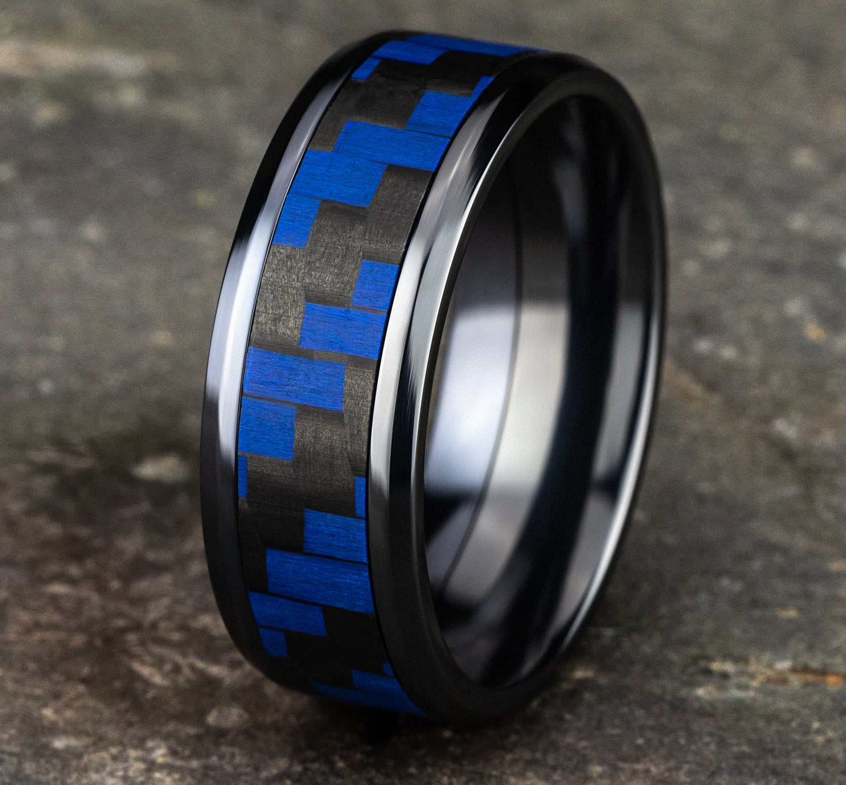 THE SENNA 8mm, Comfort fit, Black Titanium and Blue Carbon Fiber, Twilled Carbon Fiber pattern, polished bevel edges