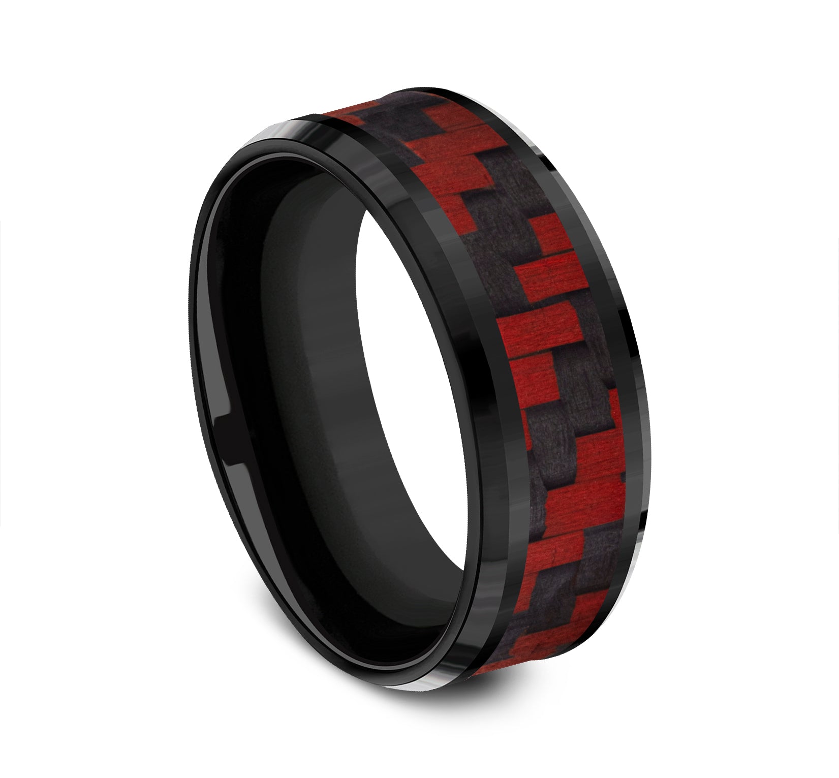 THE SENNA 8mm, Comfort fit, Black Titanium and Red Carbon Fiber, Twilled Carbon Fiber pattern, polished bevel edges
