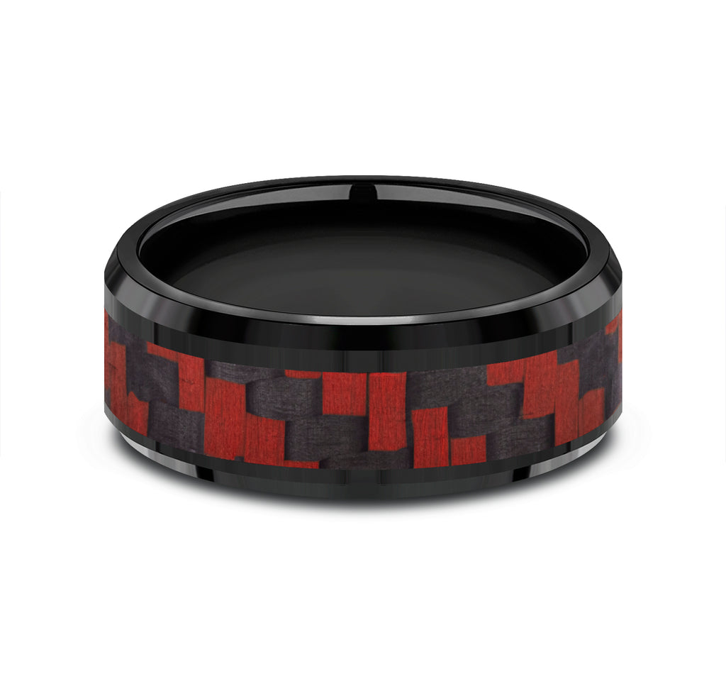 THE SENNA 8mm, Comfort fit, Black Titanium and Red Carbon Fiber, Twilled Carbon Fiber pattern, polished bevel edges