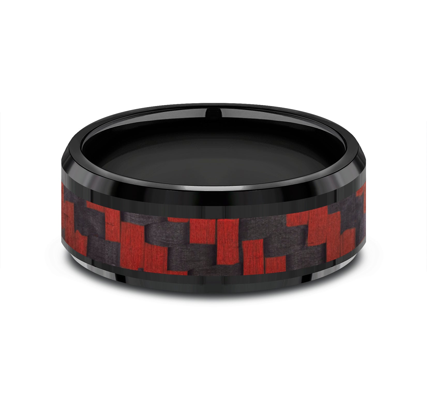THE SENNA 8mm, Comfort fit, Black Titanium and Red Carbon Fiber, Twilled Carbon Fiber pattern, polished bevel edges