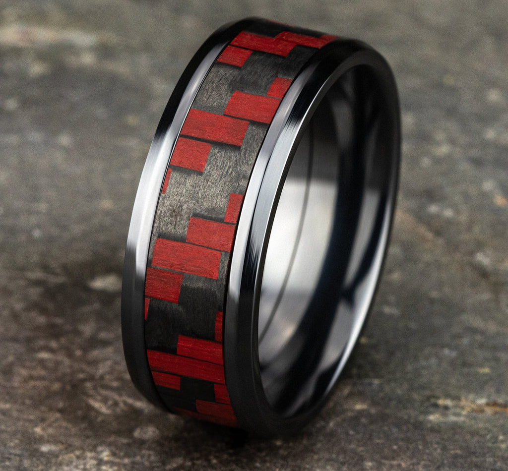 THE SENNA 8mm, Comfort fit, Black Titanium and Red Carbon Fiber, Twilled Carbon Fiber pattern, polished bevel edges