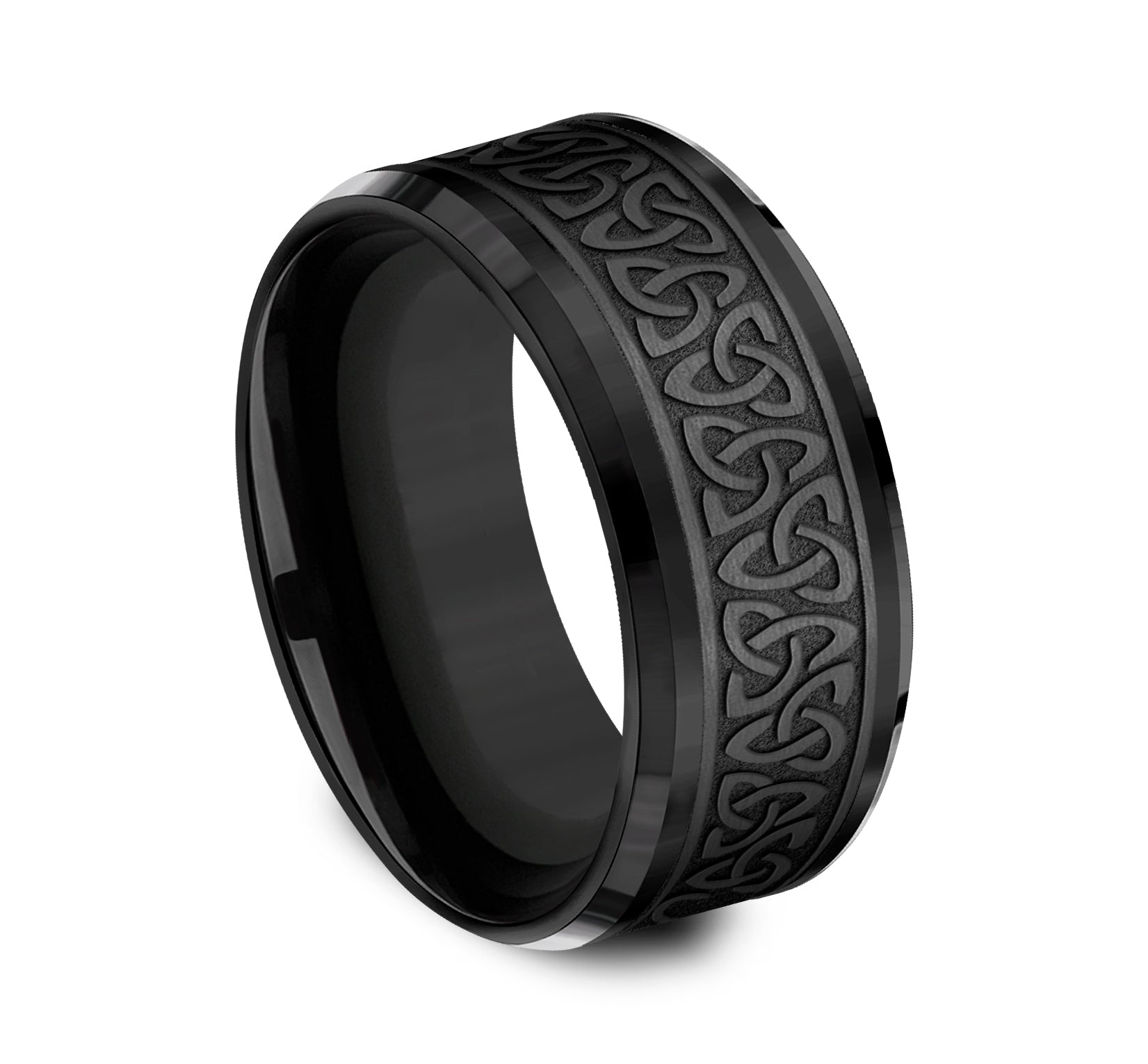 THE GALWAY 9mm, Comfort fit, Black Titanium, Celtic knot pattern, polished drop bevel edges