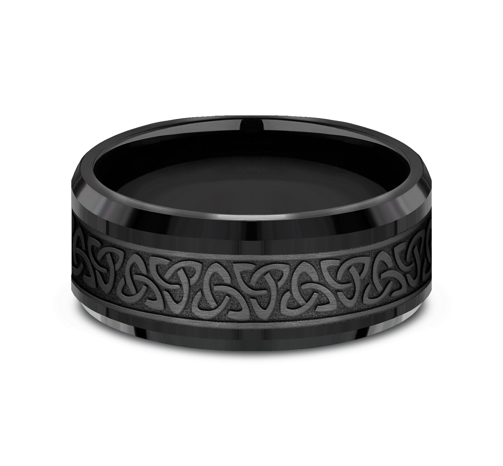 THE GALWAY 9mm, Comfort fit, Black Titanium, Celtic knot pattern, polished drop bevel edges