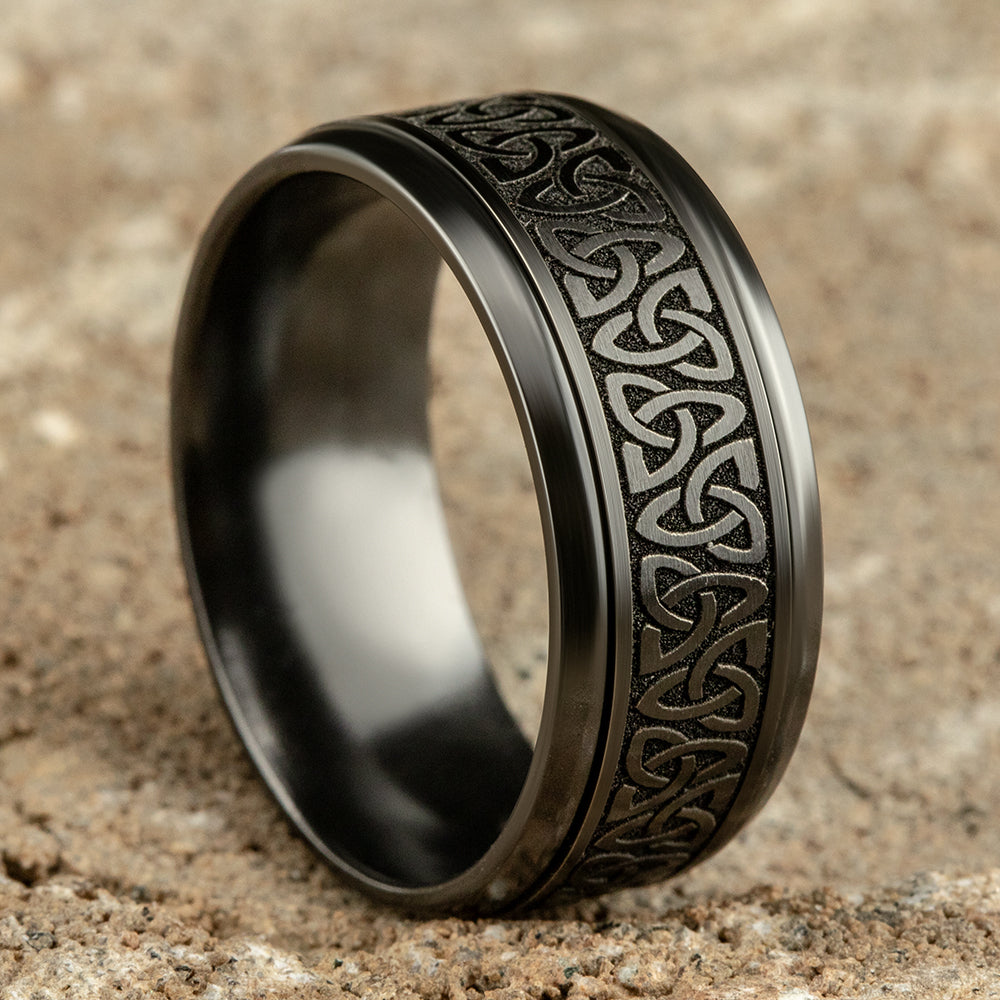 THE GALWAY 9mm, Comfort fit, Black Titanium, Celtic knot pattern, polished drop bevel edges