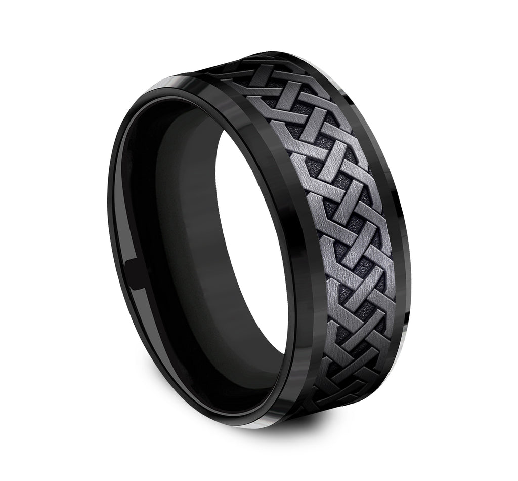 THE ADARE 9mm, Comfort fit, Black Titanium, Celtic knot patterned center, bevel edges