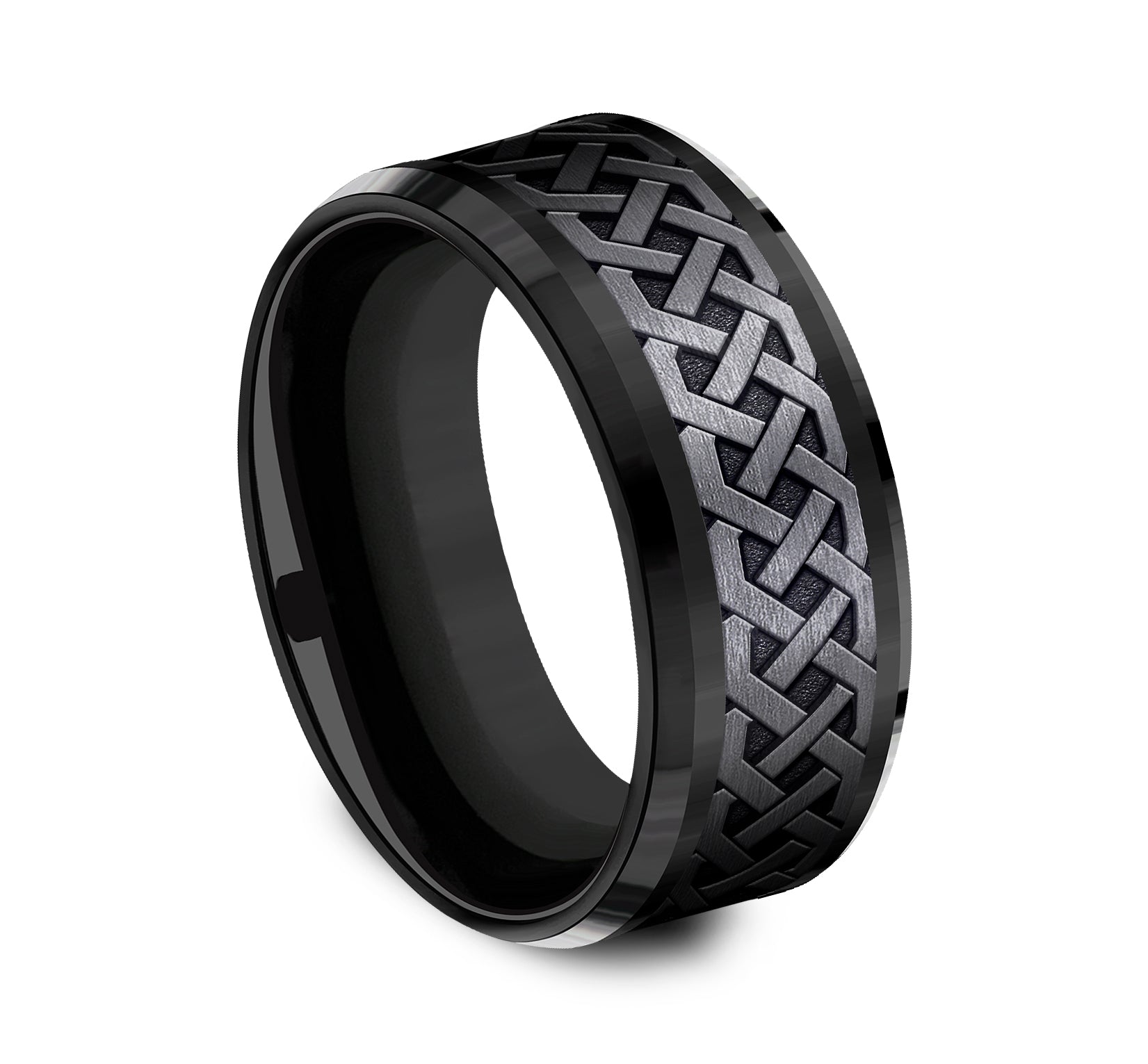 THE ADARE 9mm, Comfort fit, Black Titanium, Celtic knot patterned center, bevel edges
