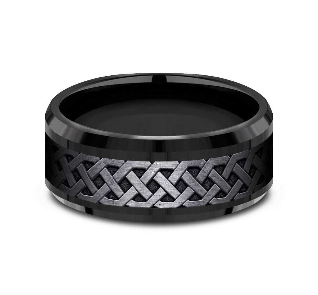 THE ADARE 9mm, Comfort fit, Black Titanium, Celtic knot patterned center, bevel edges