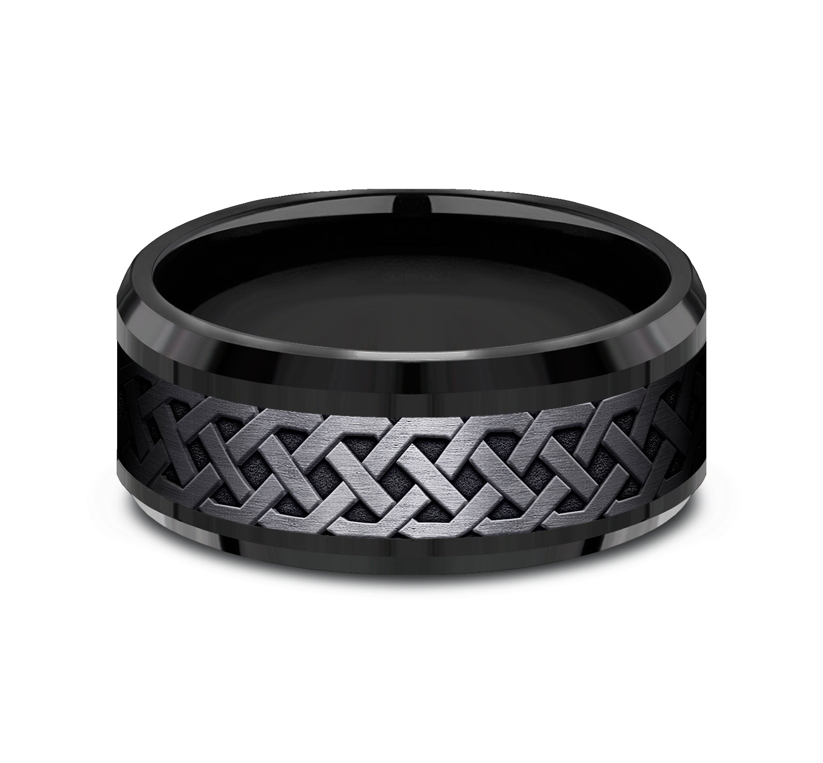 THE ADARE 9mm, Comfort fit, Black Titanium, Celtic knot patterned center, bevel edges