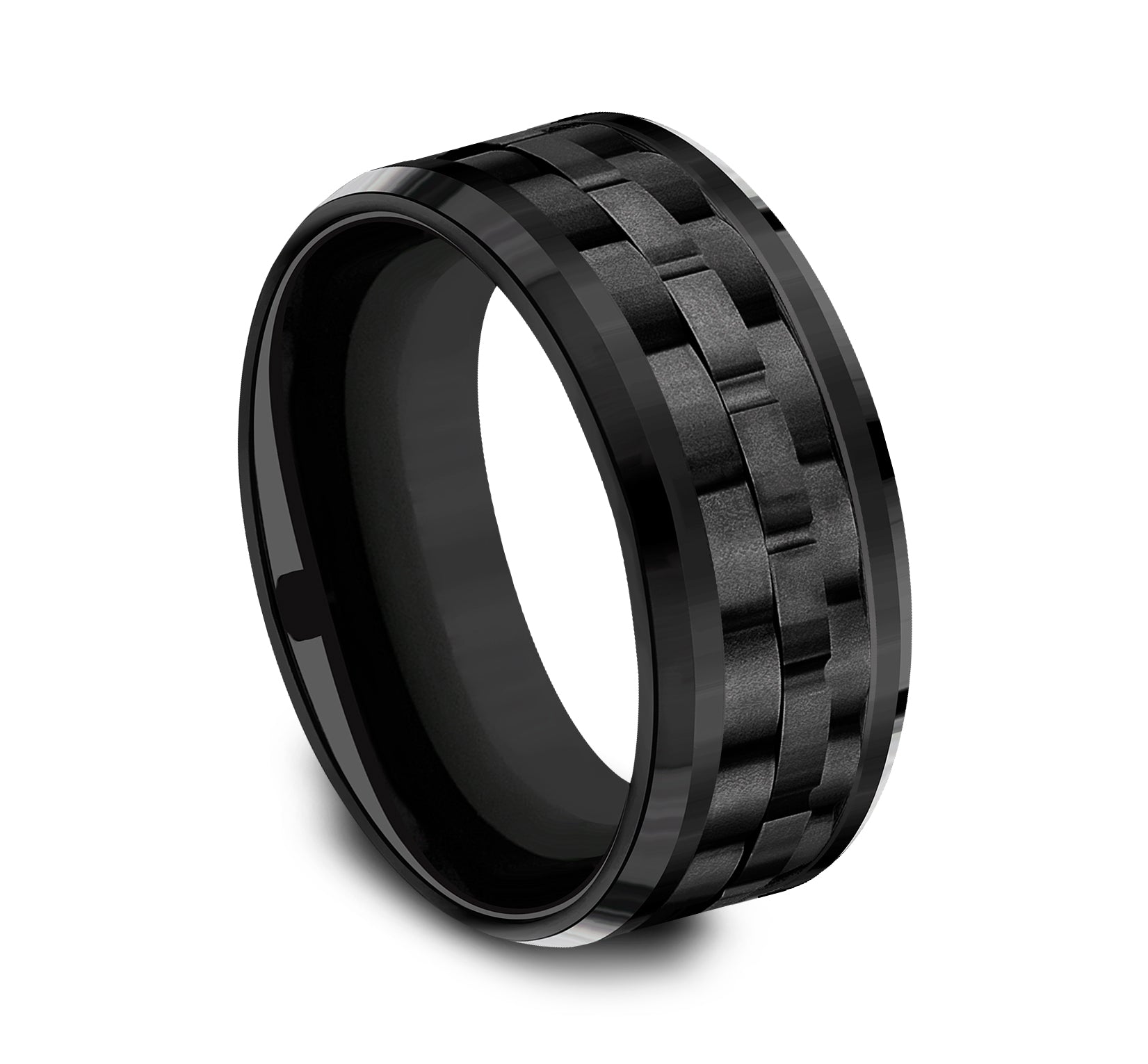 THE AVIATOR 9mm, Comfort fit, Black Titanium, Link patterned center, polished bevel edges