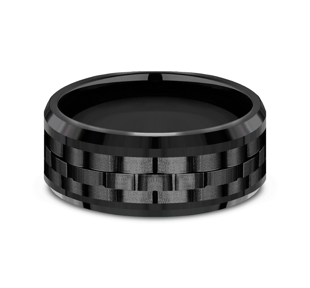 THE AVIATOR 9mm, Comfort fit, Black Titanium, Link patterned center, polished bevel edges