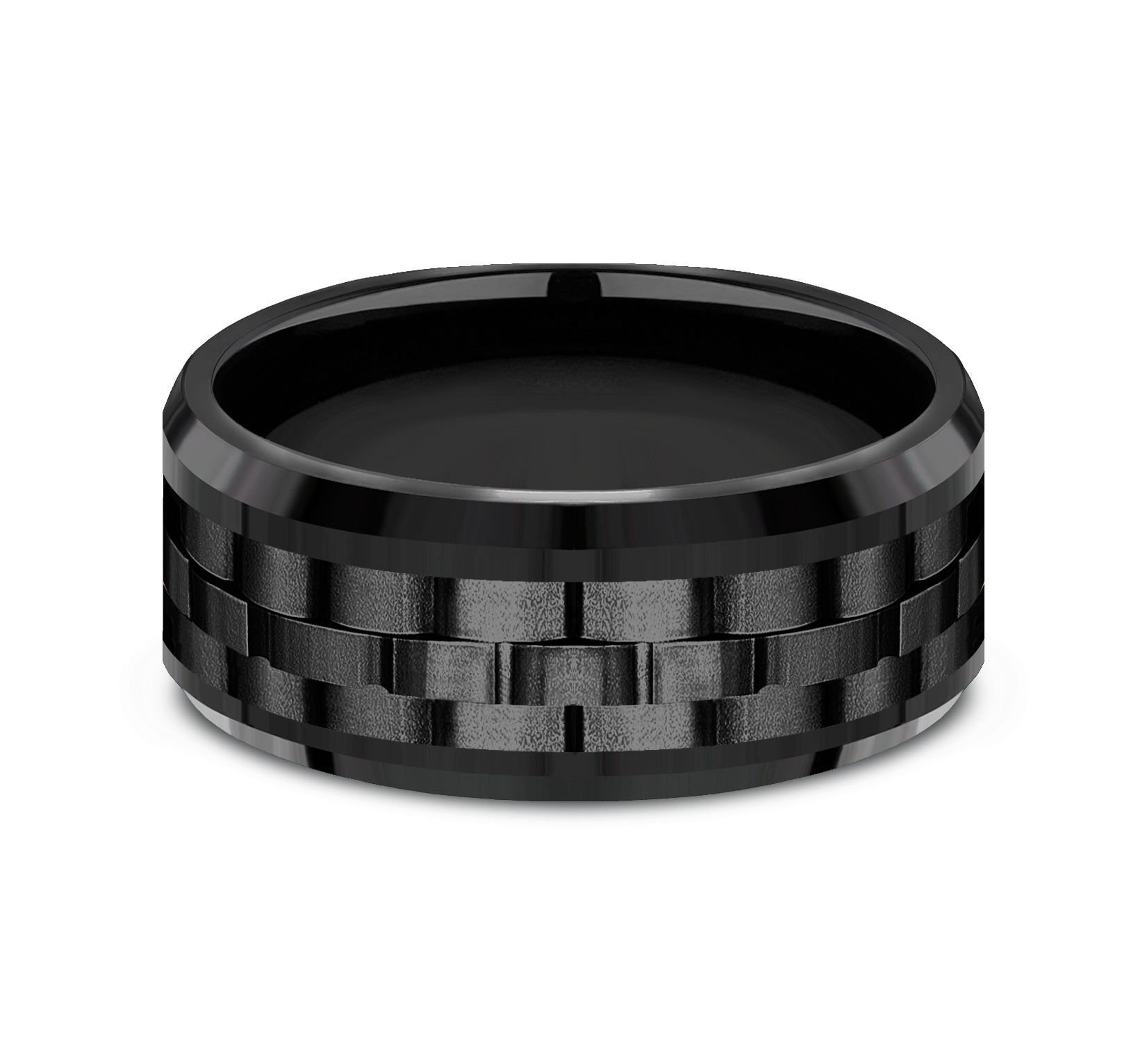 THE AVIATOR 9mm, Comfort fit, Black Titanium, Link patterned center, polished bevel edges