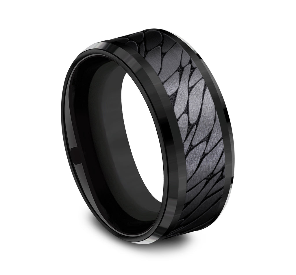 THE DINO 9mm, Comfort fit, Black Titanium, Pebble patterned center, bevel edges