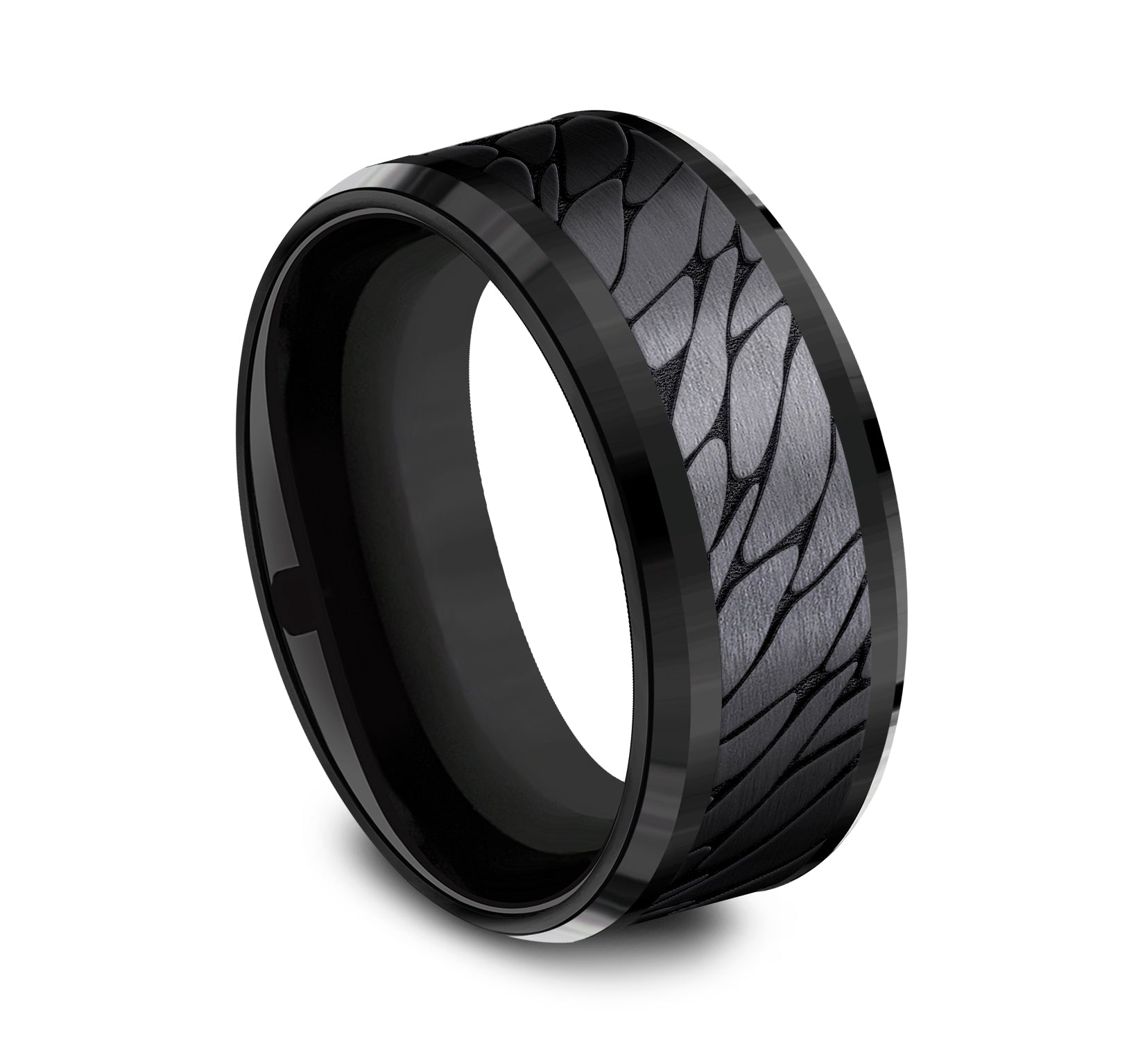 THE DINO 9mm, Comfort fit, Black Titanium, Pebble patterned center, bevel edges