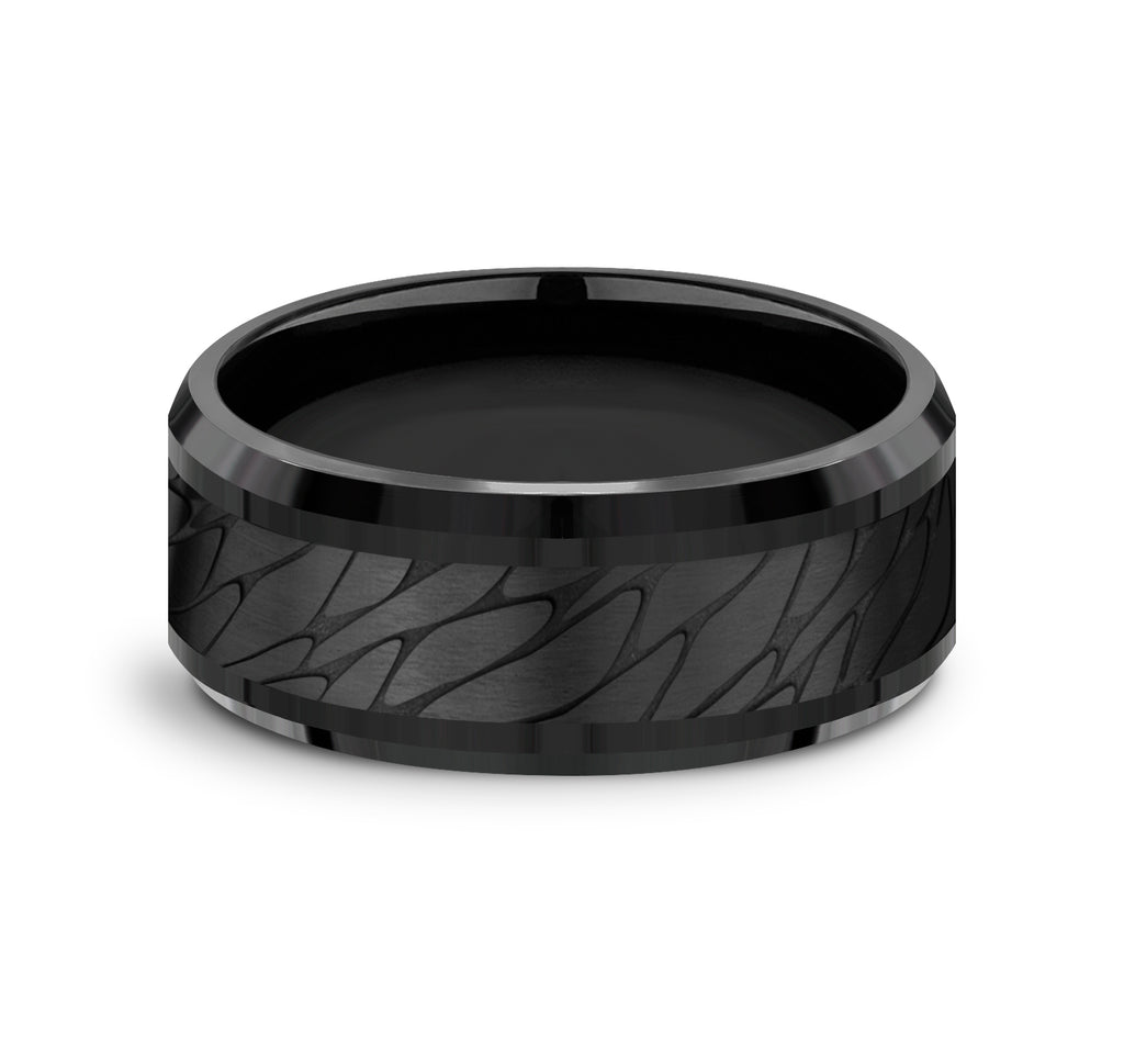 THE DINO 9mm, Comfort fit, Black Titanium, Pebble patterned center, bevel edges