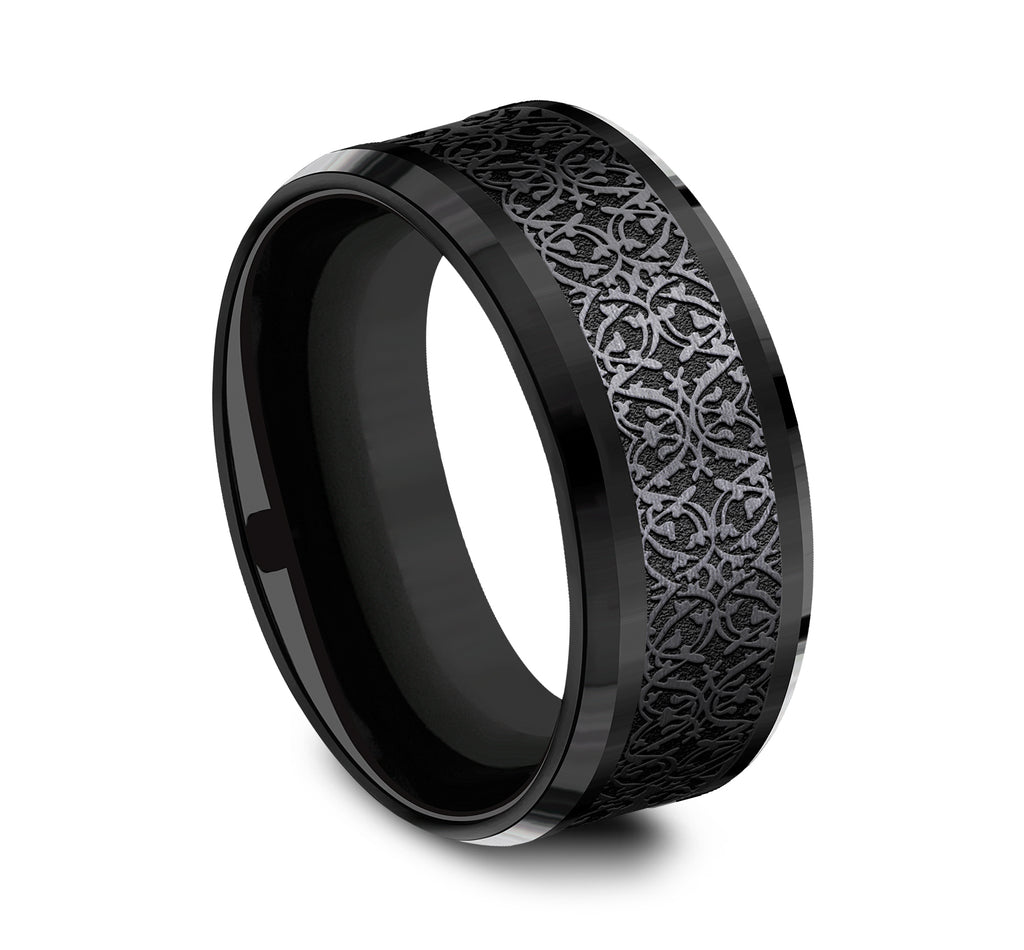 THE CONQUERER 9mm, Comfort fit, Black Titanium, Ottoman pattern, polished drop bevel edges