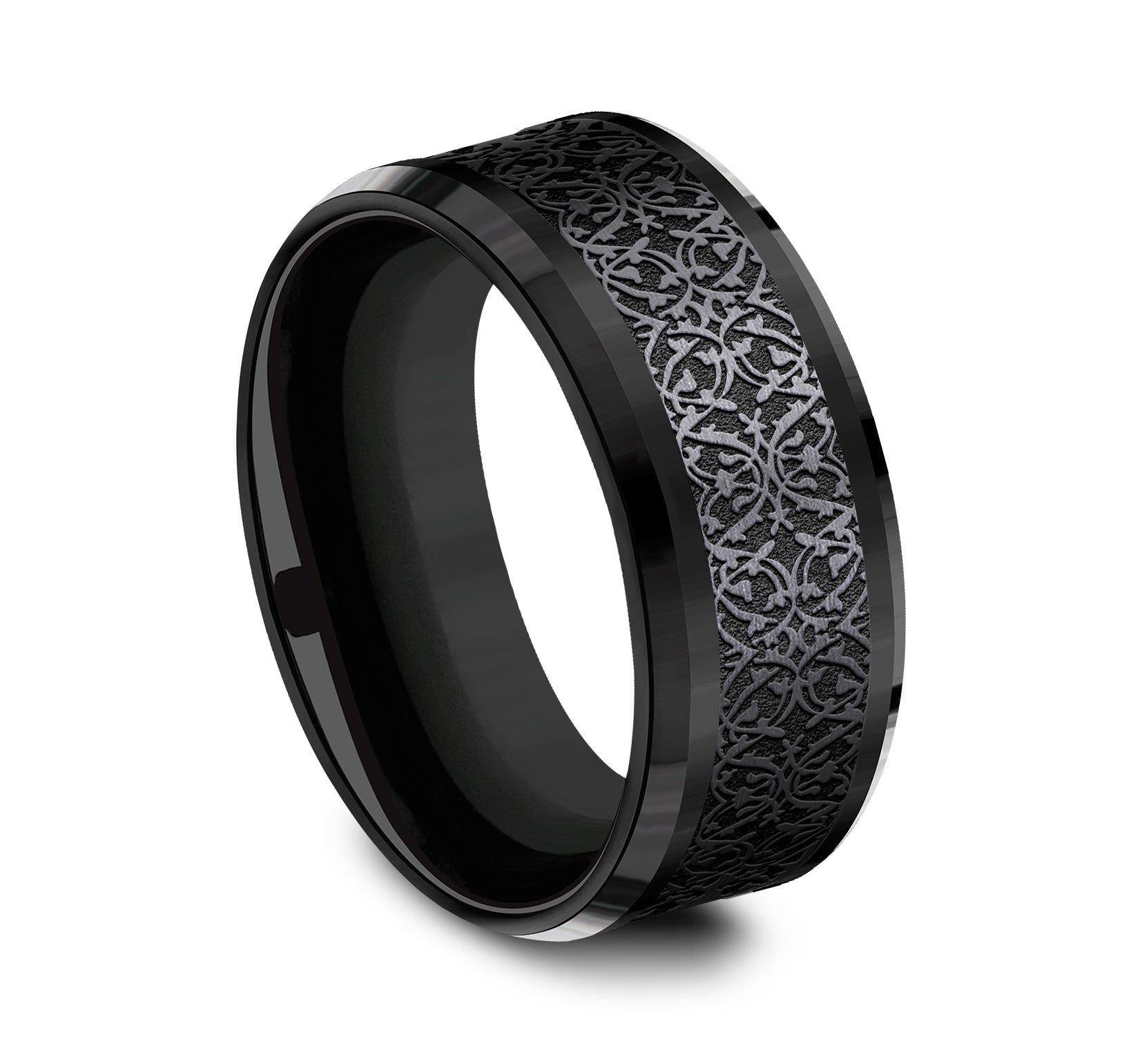 THE CONQUERER 9mm, Comfort fit, Black Titanium, Ottoman pattern, polished drop bevel edges