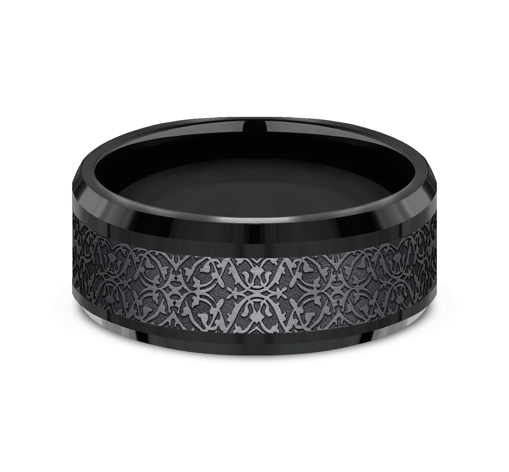 THE CONQUERER 9mm, Comfort fit, Black Titanium, Ottoman pattern, polished drop bevel edges