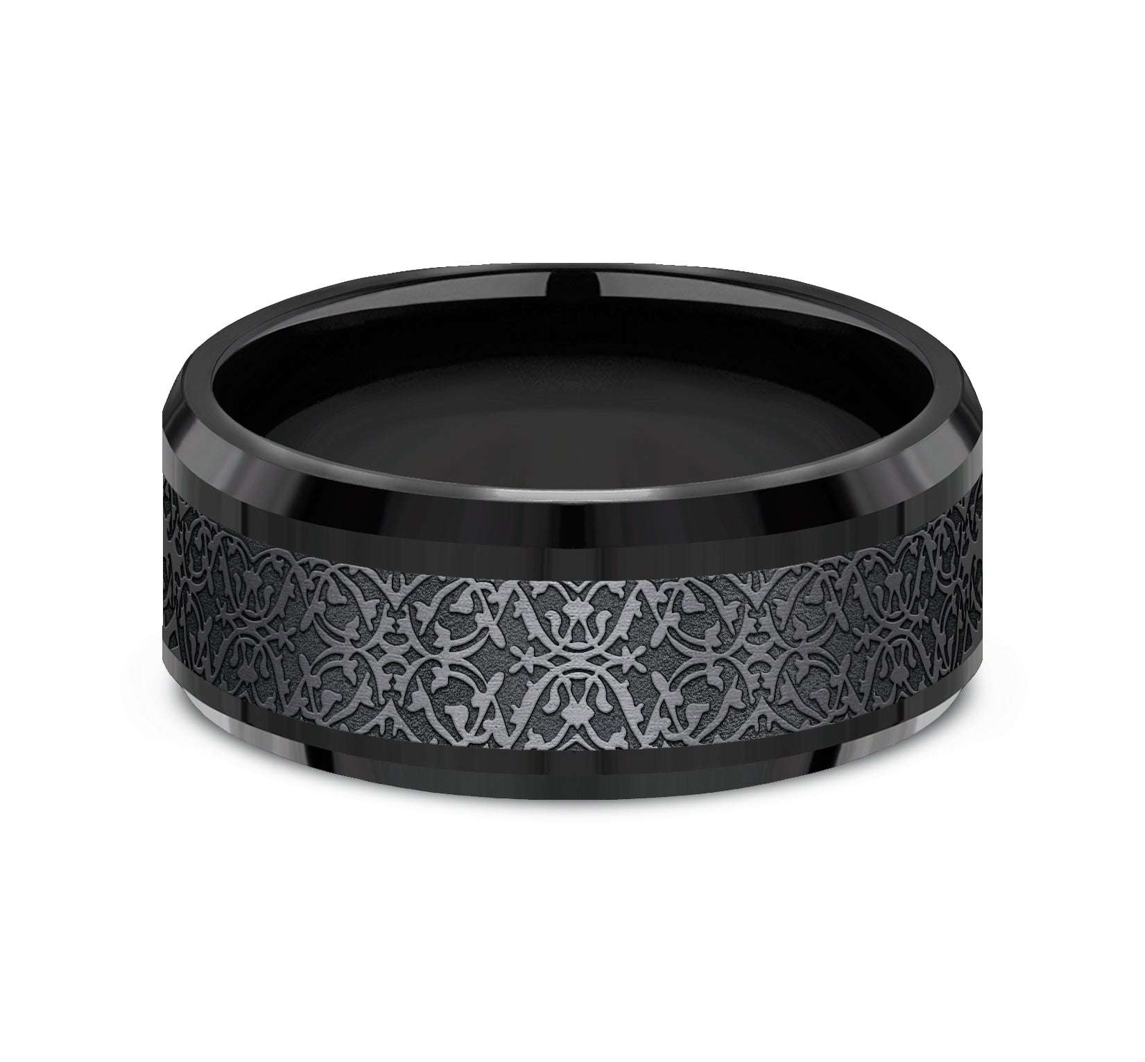THE CONQUERER 9mm, Comfort fit, Black Titanium, Ottoman pattern, polished drop bevel edges