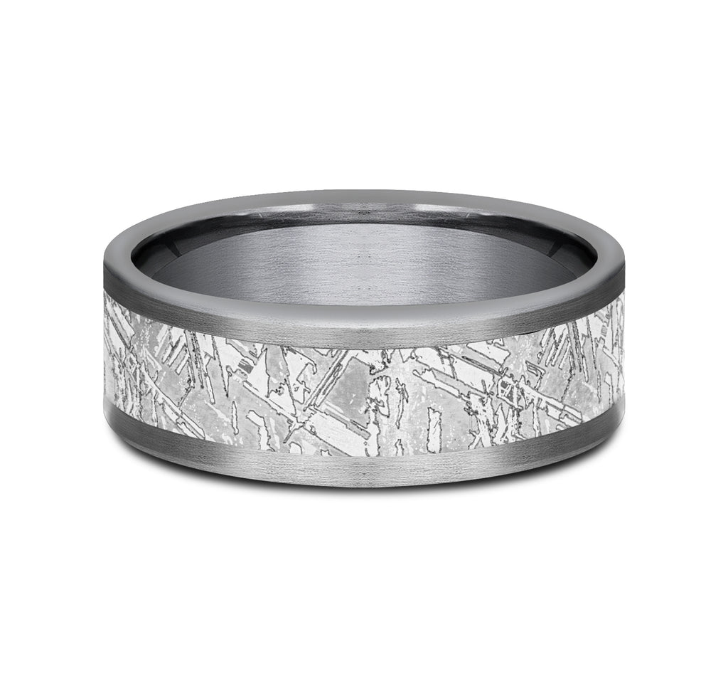 THE MATRIX 8mm, Comfort fit, Grey Tantalum, Meteorite patterned center, straight edges