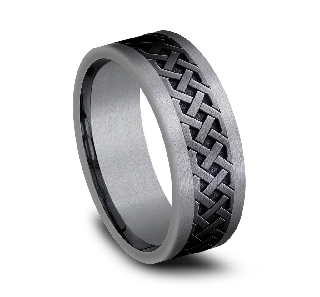 THE ADARE 8mm, Comfort fit, Grey Tantalum and Black Titanium, Celtic knot patterned center, straight edges