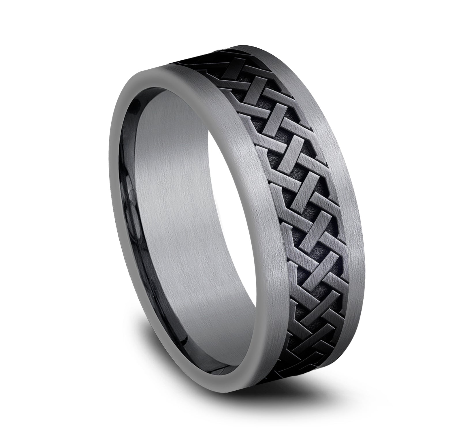 THE ADARE 8mm, Comfort fit, Grey Tantalum and Black Titanium, Celtic knot patterned center, straight edges
