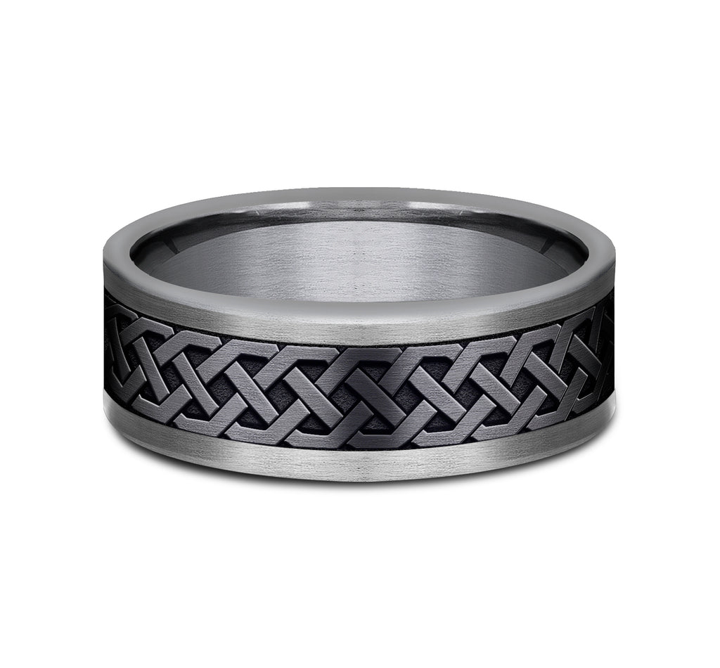 THE ADARE 8mm, Comfort fit, Grey Tantalum and Black Titanium, Celtic knot patterned center, straight edges