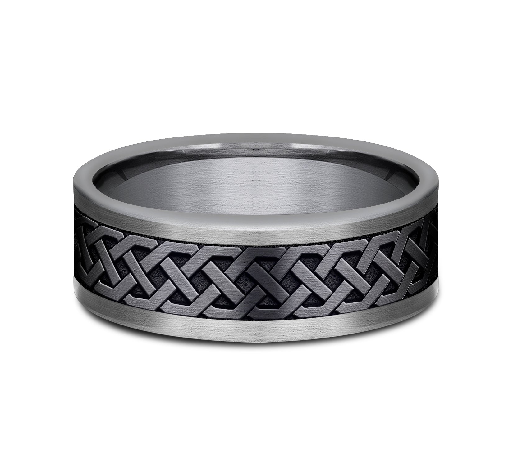 THE ADARE 8mm, Comfort fit, Grey Tantalum and Black Titanium, Celtic knot patterned center, straight edges