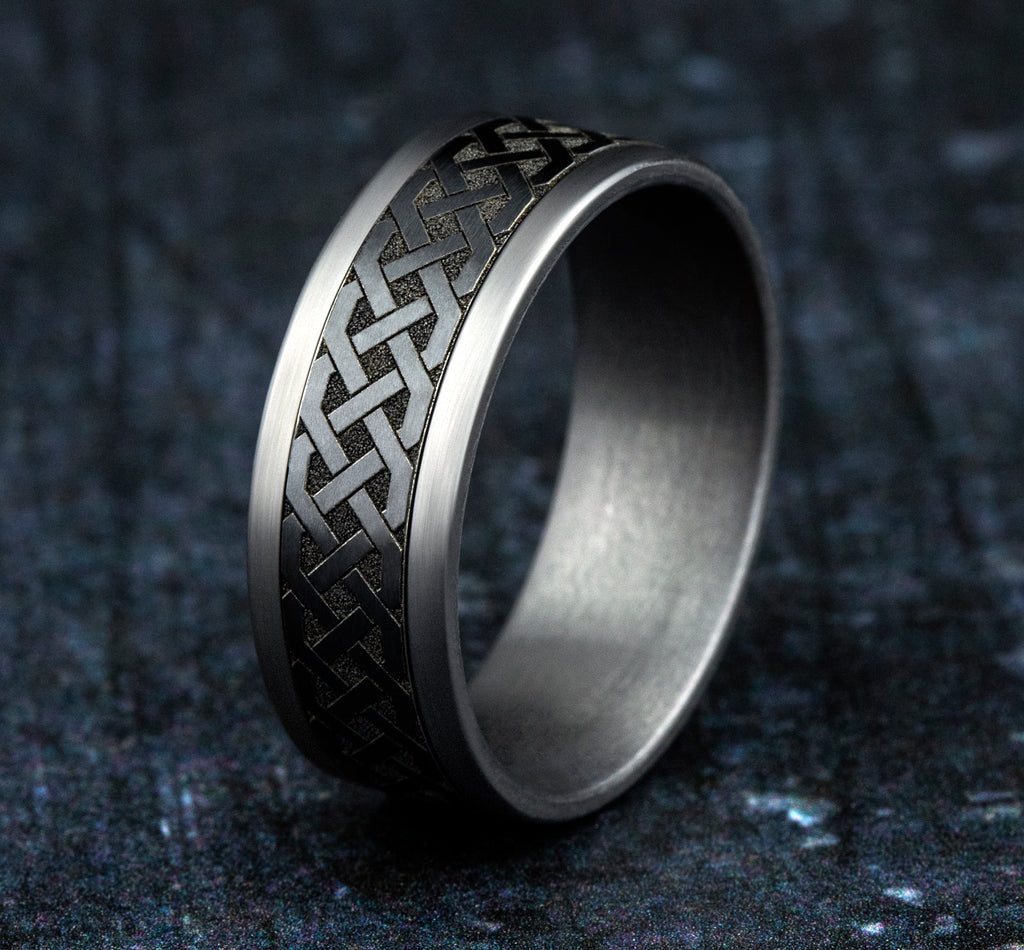 THE ADARE 8mm, Comfort fit, Grey Tantalum and Black Titanium, Celtic knot patterned center, straight edges