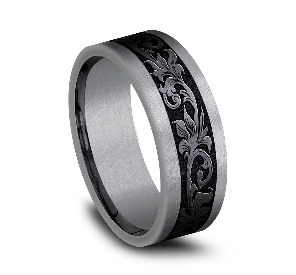 THE ROYAL 8mm, Comfort fit, Grey Tantalum and Black Titanium, Vintage script pattern, straight edges