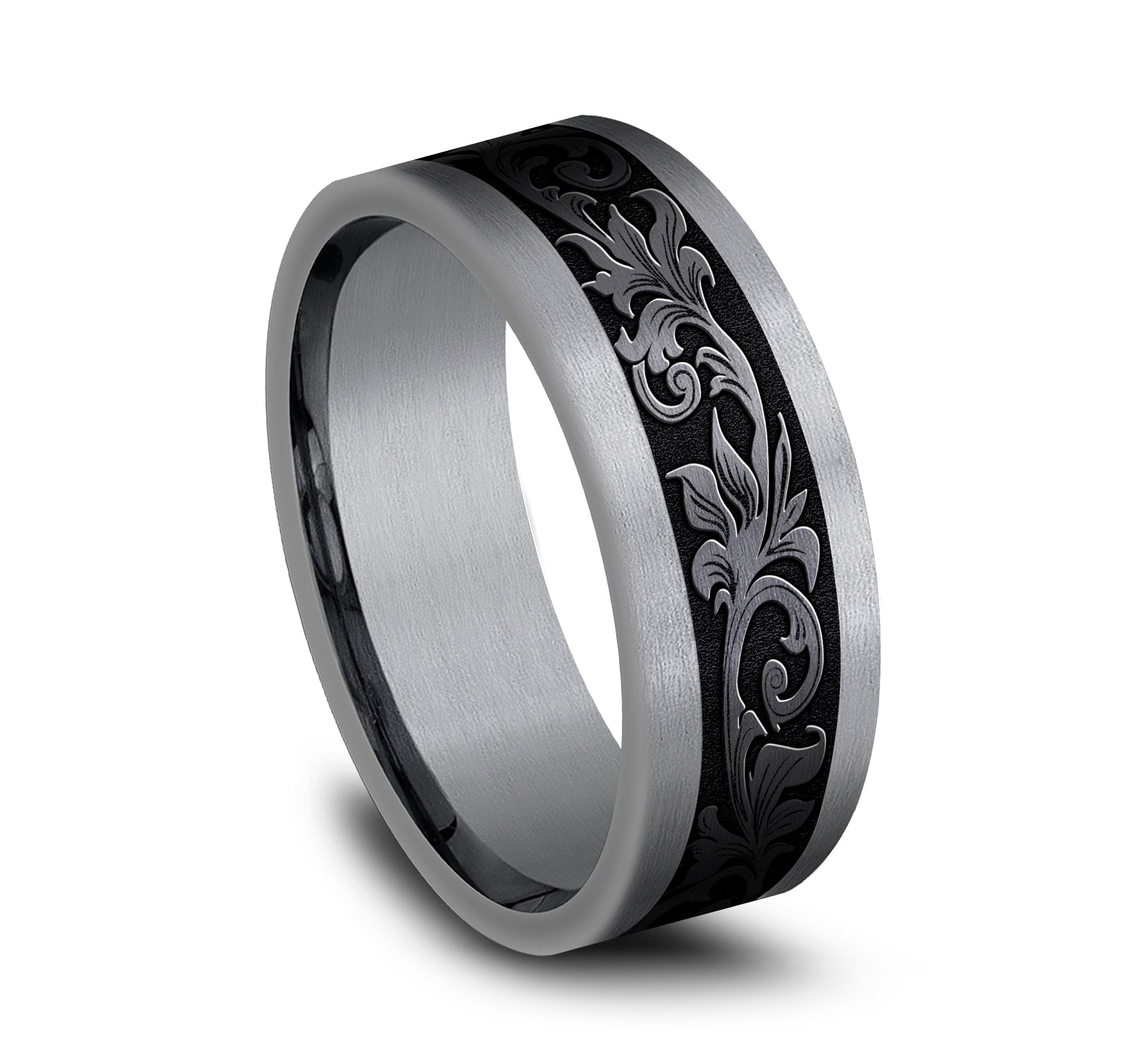 THE ROYAL 8mm, Comfort fit, Grey Tantalum and Black Titanium, Vintage script pattern, straight edges