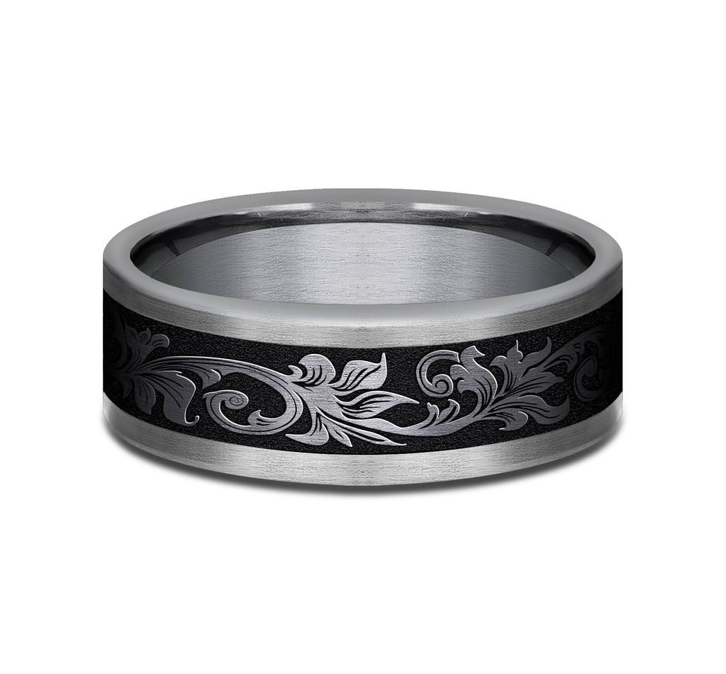 THE ROYAL 8mm, Comfort fit, Grey Tantalum and Black Titanium, Vintage script pattern, straight edges