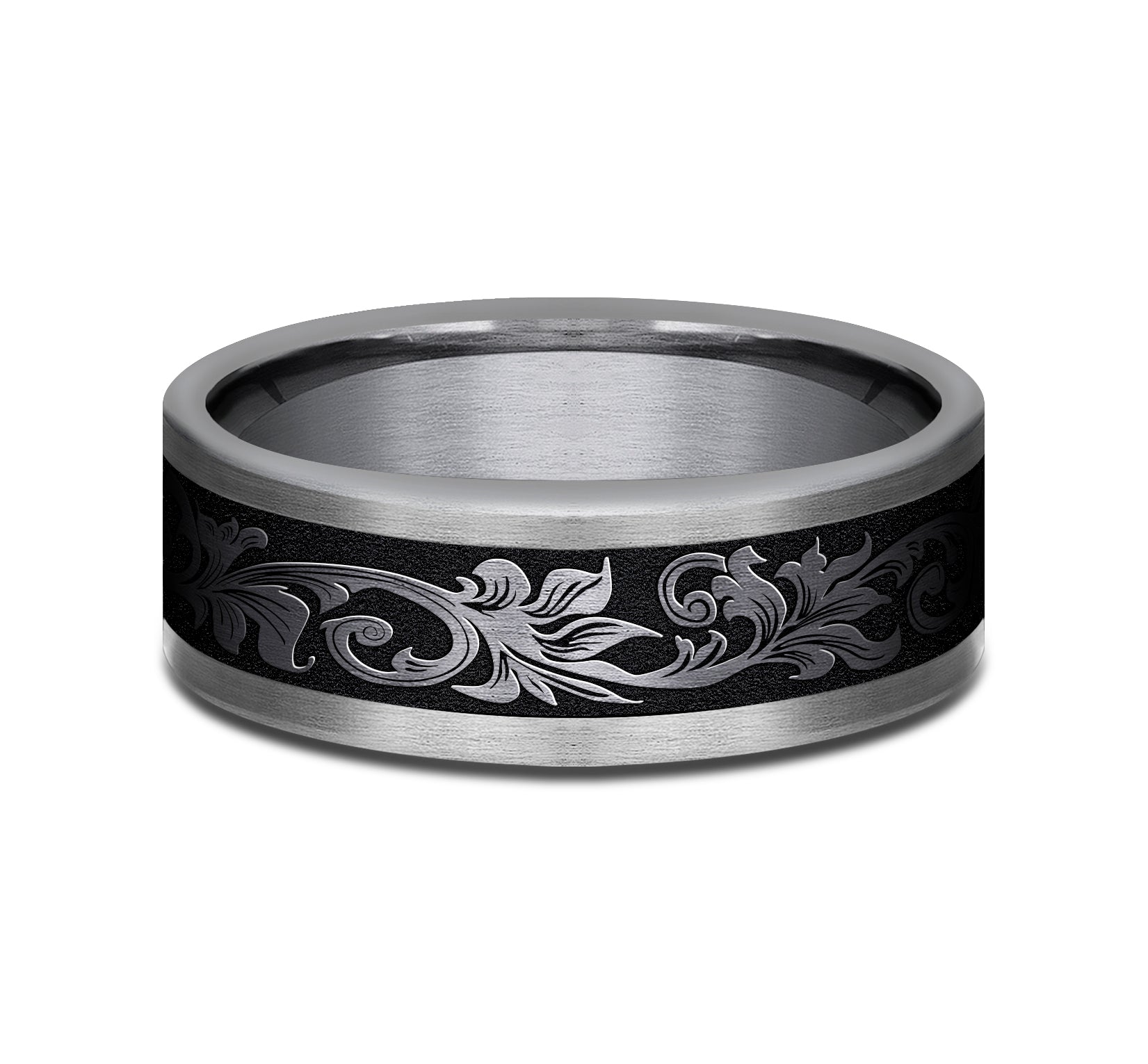THE ROYAL 8mm, Comfort fit, Grey Tantalum and Black Titanium, Vintage script pattern, straight edges