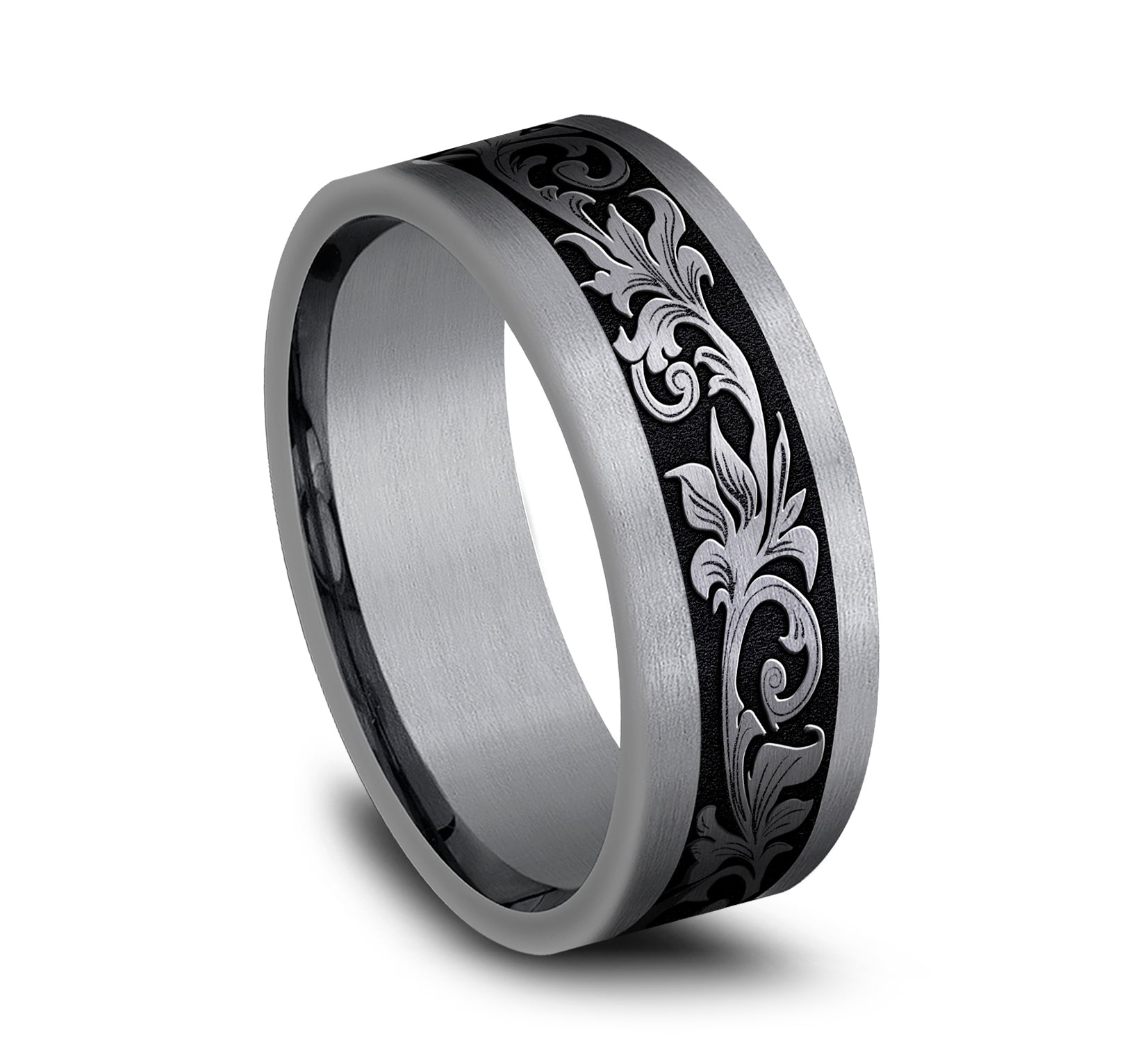 THE ROYAL 8mm, Comfort fit, Grey Tantalum and Grey/Black Titanium, Vintage script pattern, straight edges
