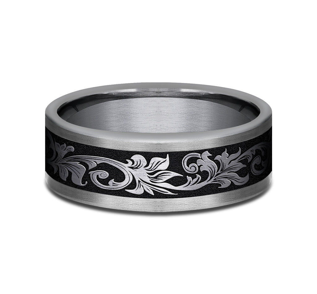 THE ROYAL 8mm, Comfort fit, Grey Tantalum and Grey/Black Titanium, Vintage script pattern, straight edges
